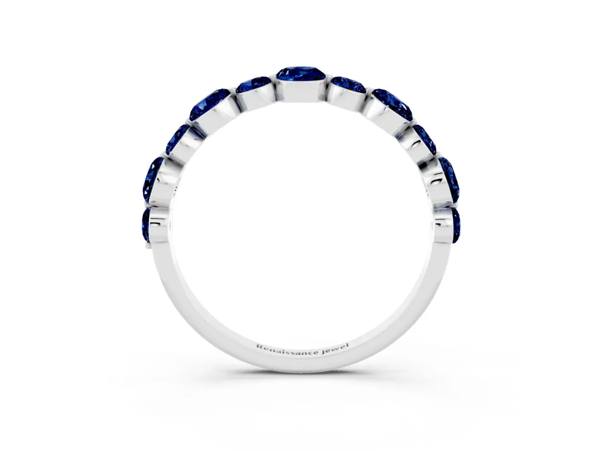 Round Blue Sapphire Scalloped Prong Set Eternity Band Silver