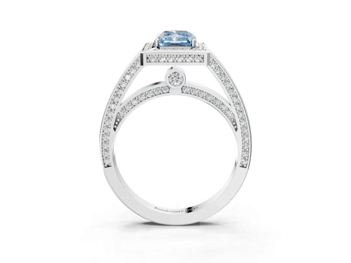 Fancy Blue Radiant Cut Cut Halo Pave Split Shank Prong Setting Ring Platinum