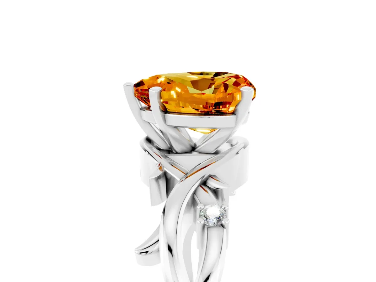 Heart Cut Citrine Solitaire Ring with Twisted Band and Prong Setting Platinum