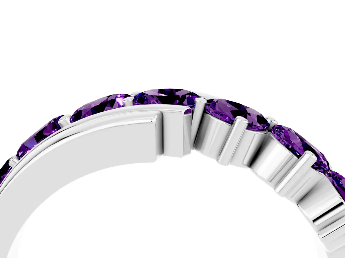 Round Amethyst Wave Band with Channel and Shared Prong Setting White gold