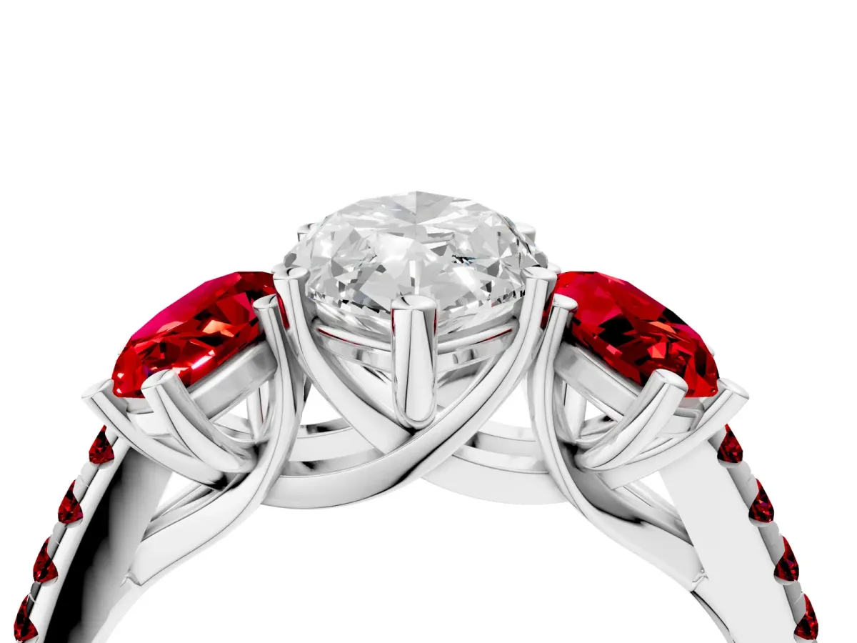 Three-Stone Marquise Cut Diamond Ring with Round Ruby Pavé Band and Prong Setting Silver