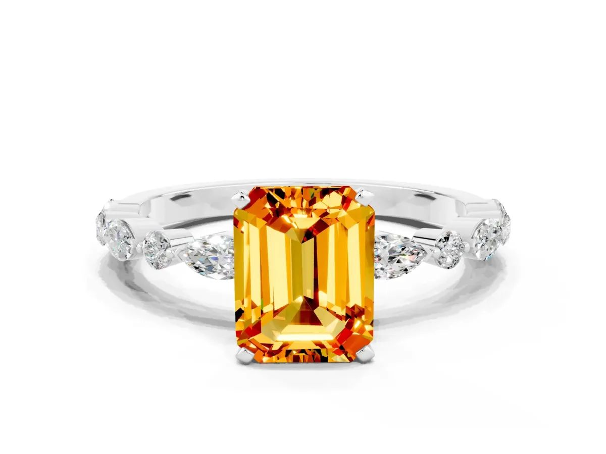 Emerald Cut Citrine Ring with Marquise and Round Side Stones and Four-Prong Setting Silver