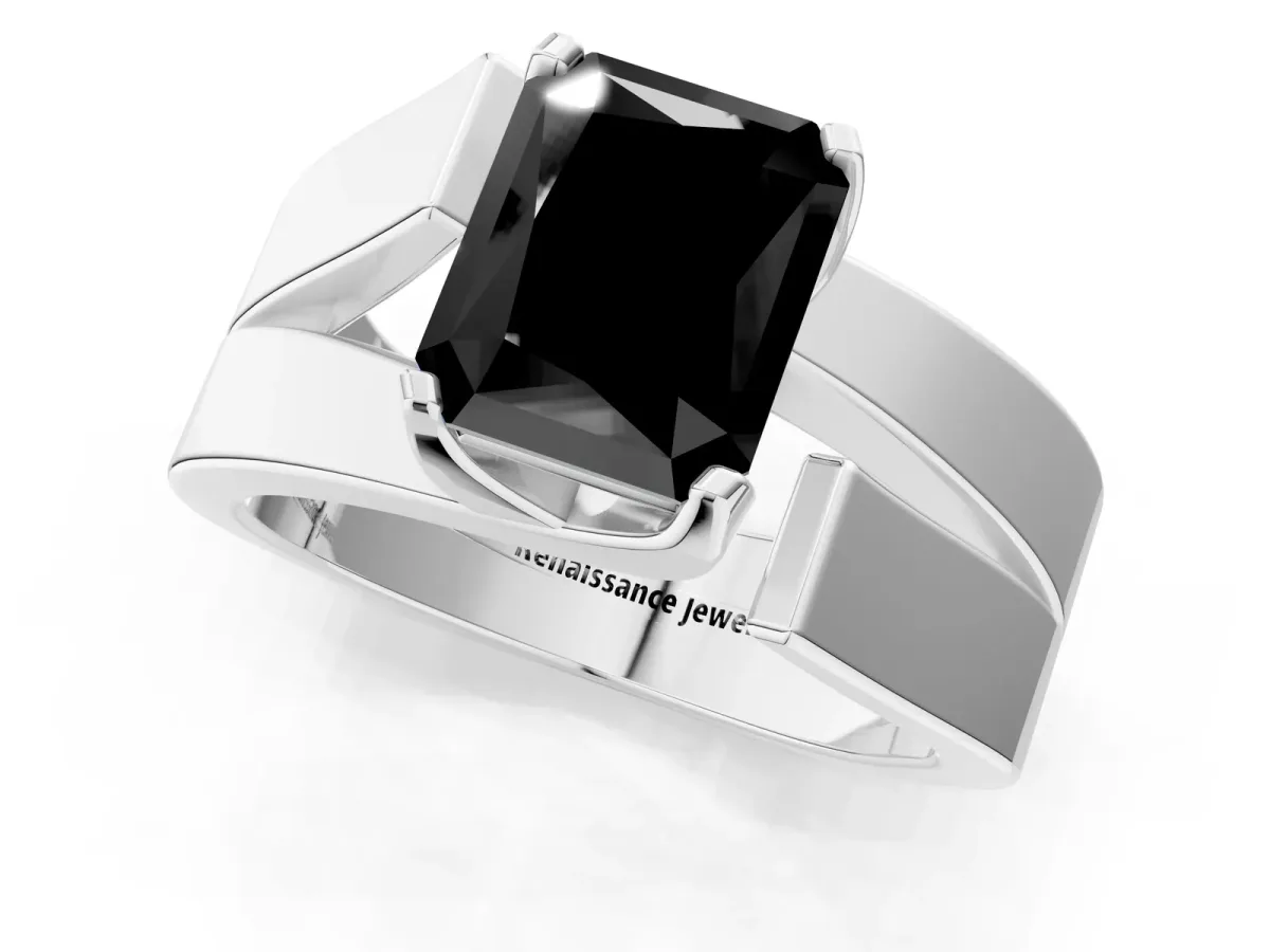 Fancy Black Modern Tension Set Radiant Cut Diamond Solitaire Wide Band Ring Silver
