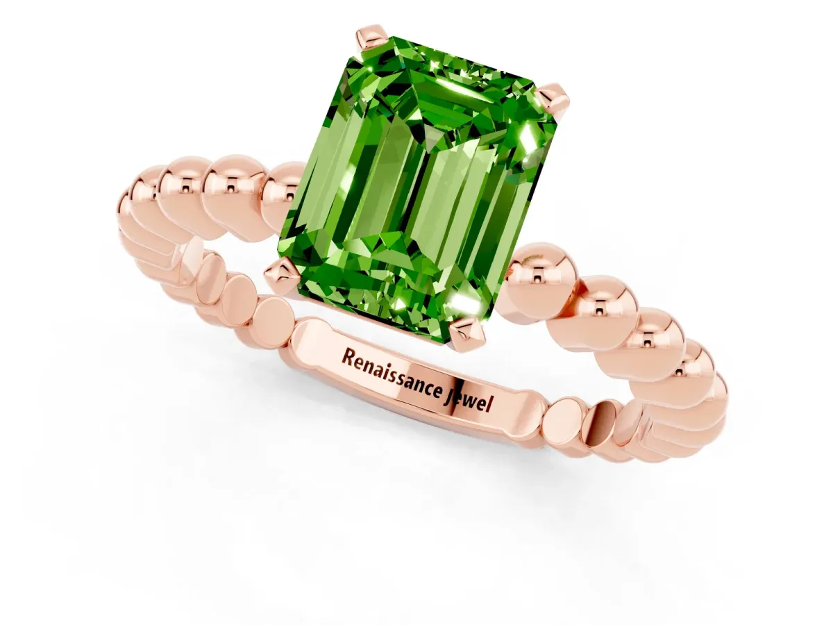 Emerald Cut Peridot Solitaire Ring with Beaded Band and Prong Setting Rose gold