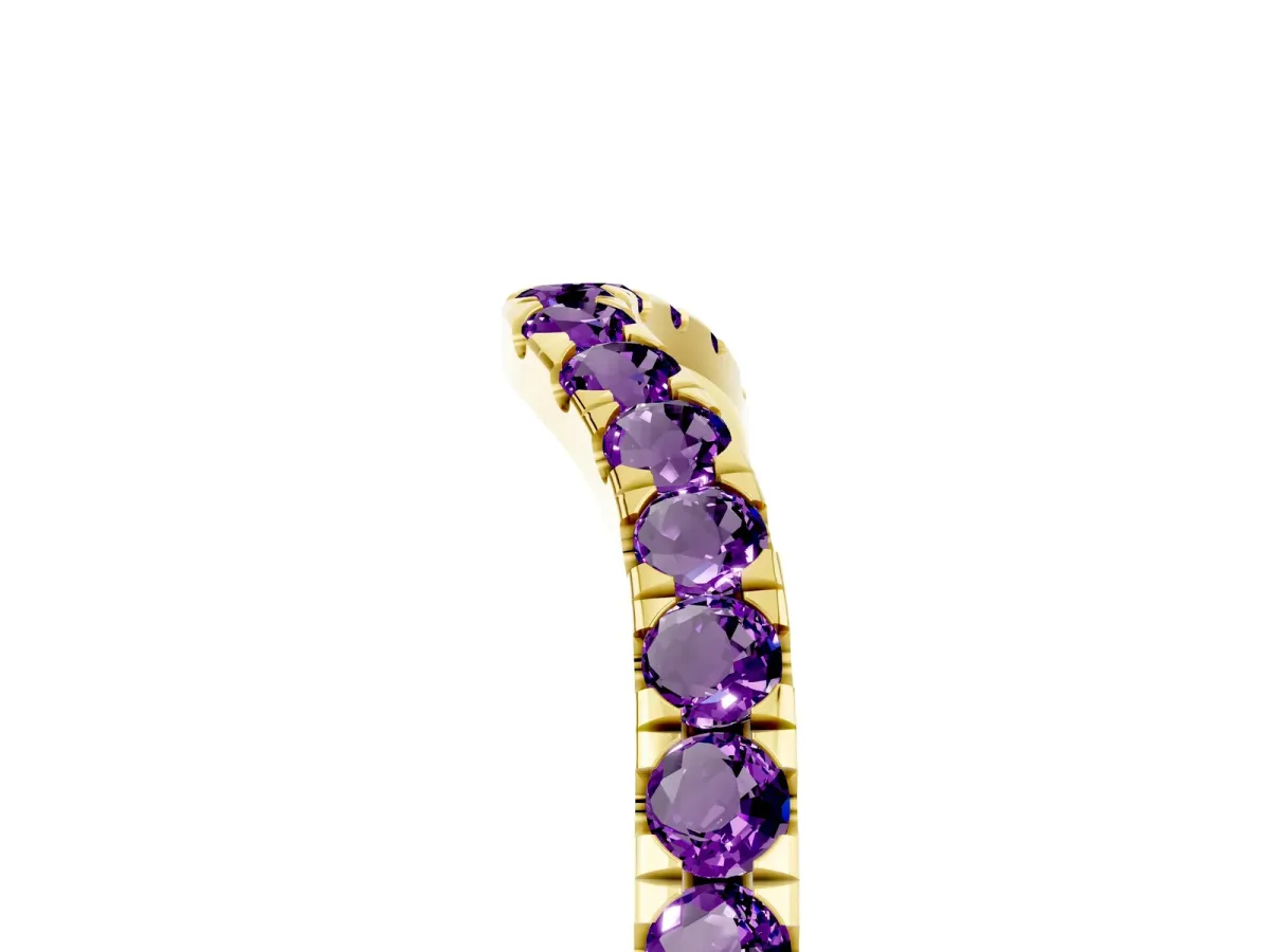 Curved Pavé Round Amethyst Wedding Band with Shared Prong Setting Yellow gold