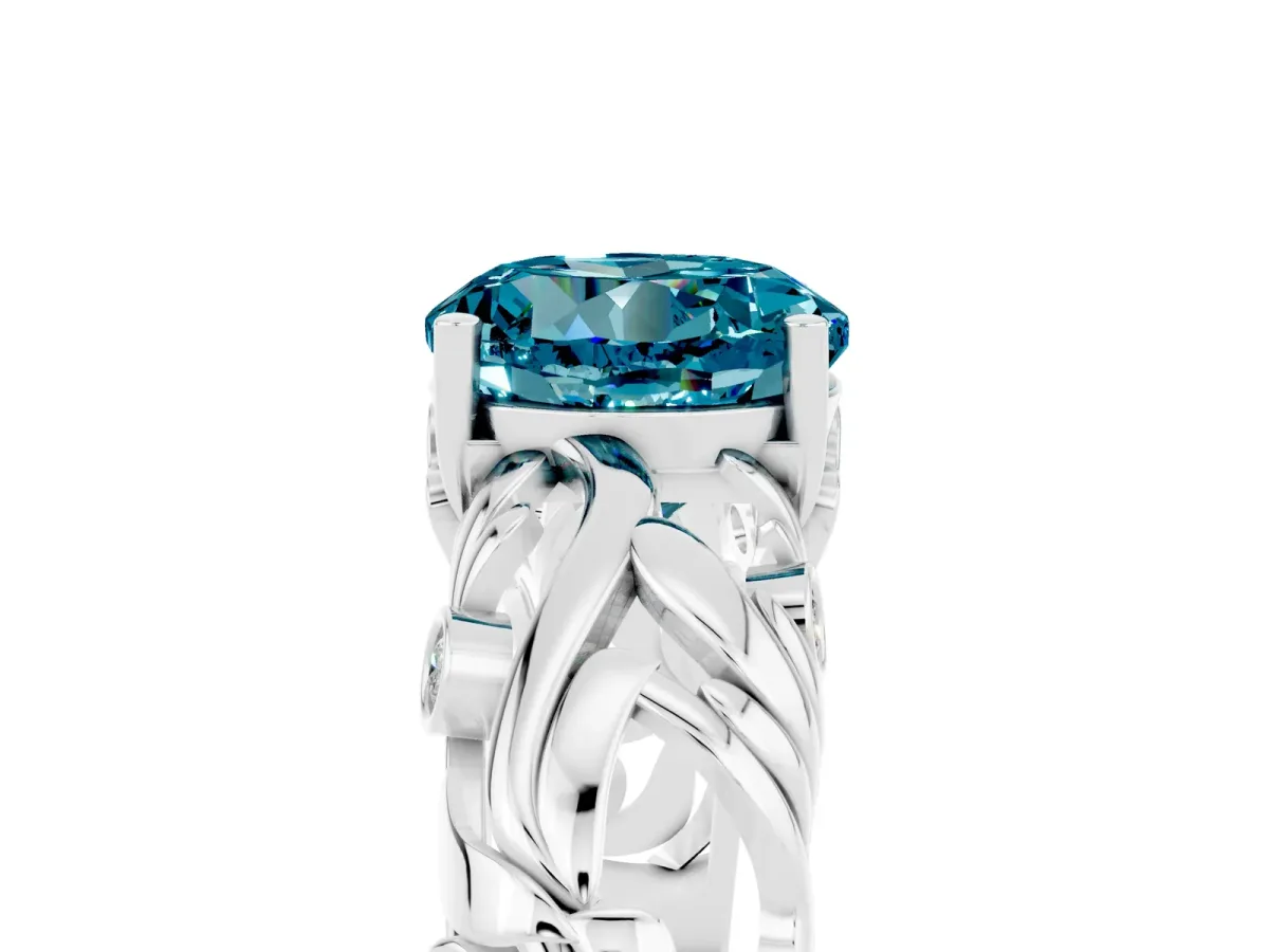 Round Cut Solitaire Blue Topaz Leaf-Inspired Vine Band Ring with Prong Setting Silver