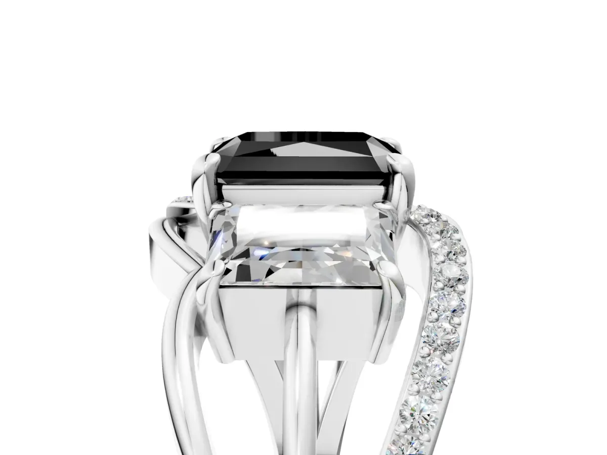 Fancy Black Three-Stone Radiant Cut Cut Diamond Split Shank Prong Set Ring Platinum