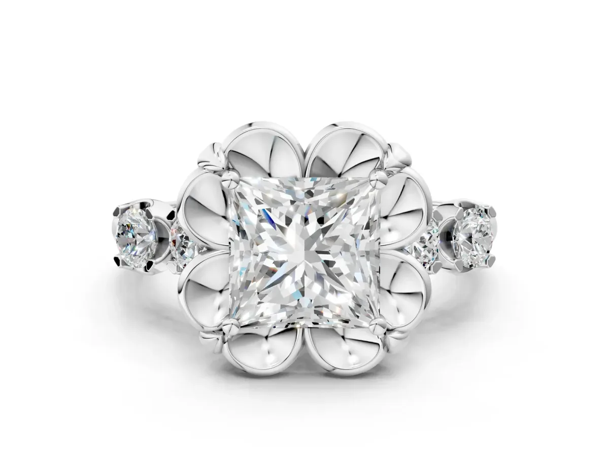 Princess Cut Cut Diamond Floral Halo Engagement Ring with Shared Prong Setting Silver