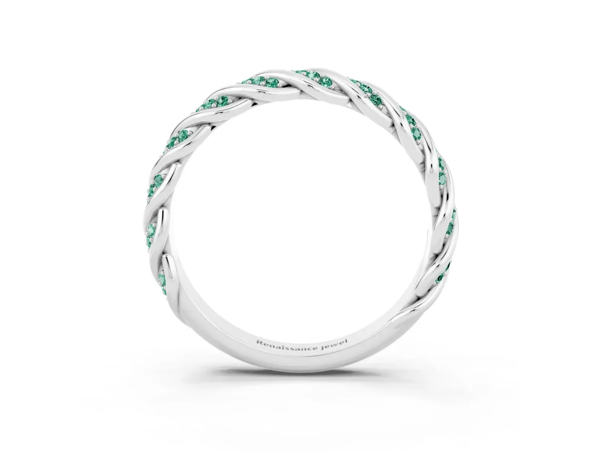 Twisted Pavé Round Green Sapphire Eternity Band with Shared Prong Setting White gold