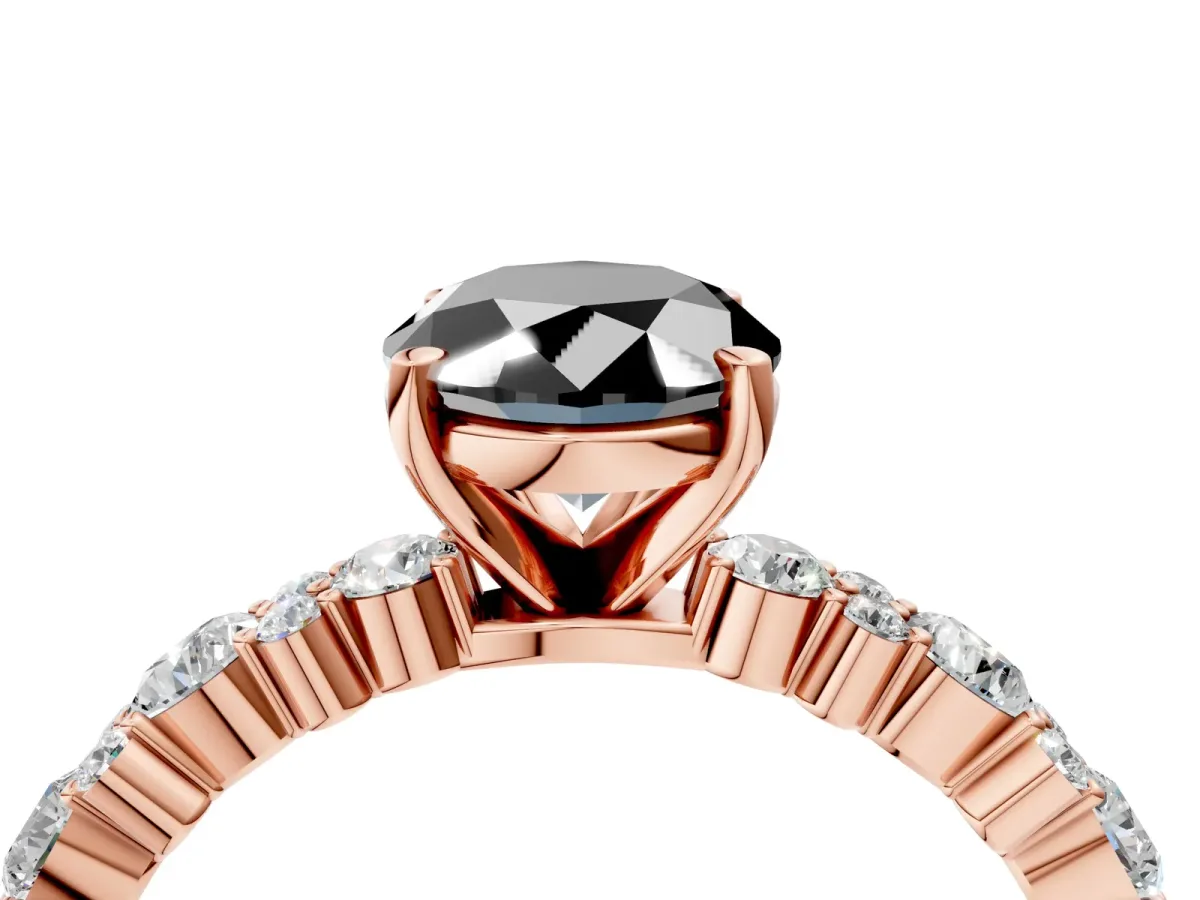 Fancy Black Oval Cut Diamond Side Stone Solitaire Ring with Round and Four-Prong Setting Rose gold