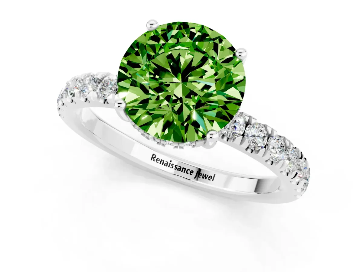 Round Cut Peridot Pave Band Solitaire Ring with Round and Prong Setting Silver