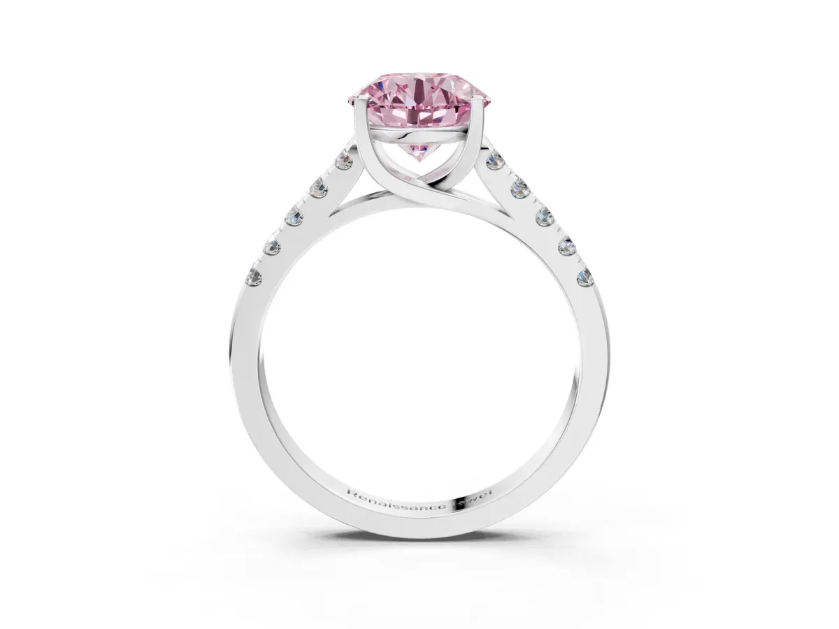 Fancy Pink Round Cut Diamond Pavé Band Solitaire Ring with Prong Setting White gold