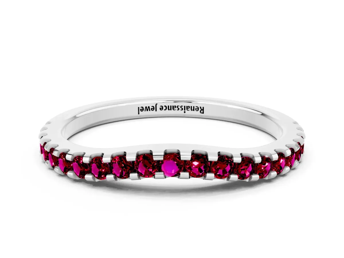 Round Garnet Pavé Curved Wedding Band Silver