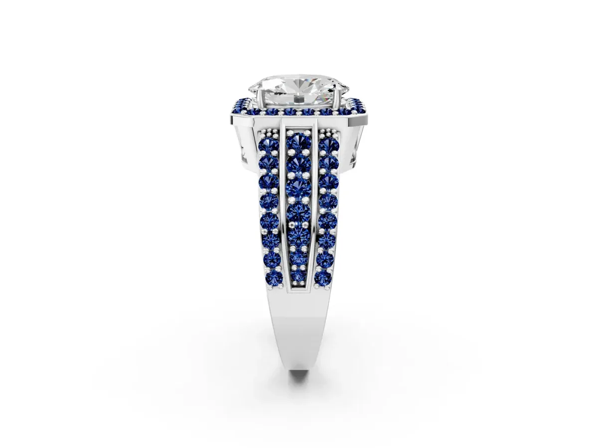 Oval Cut Halo Diamond Ring with Round Blue Sapphire Split Shank and Prong Setting Platinum
