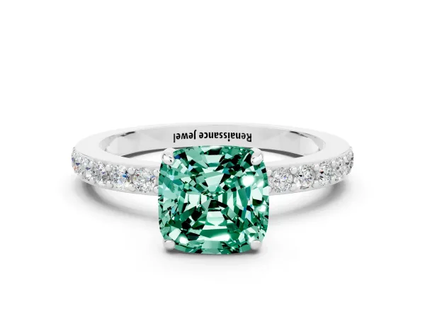 Cushion Cut Green Sapphire Solitaire Engagement Ring with Pavé Band and Four-Prong Setting Platinum