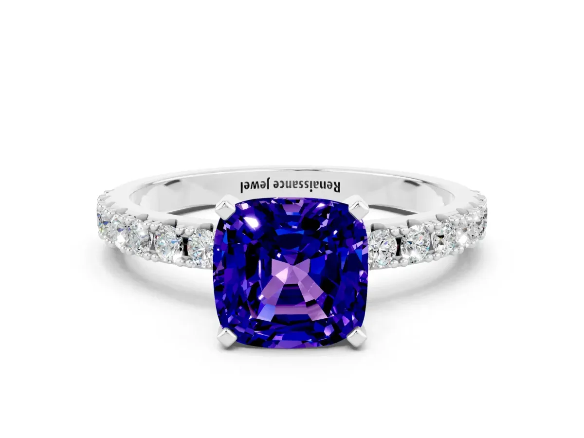 Cushion Cut Tanzanite Solitaire Pavé Band with Four-Prong Setting Silver