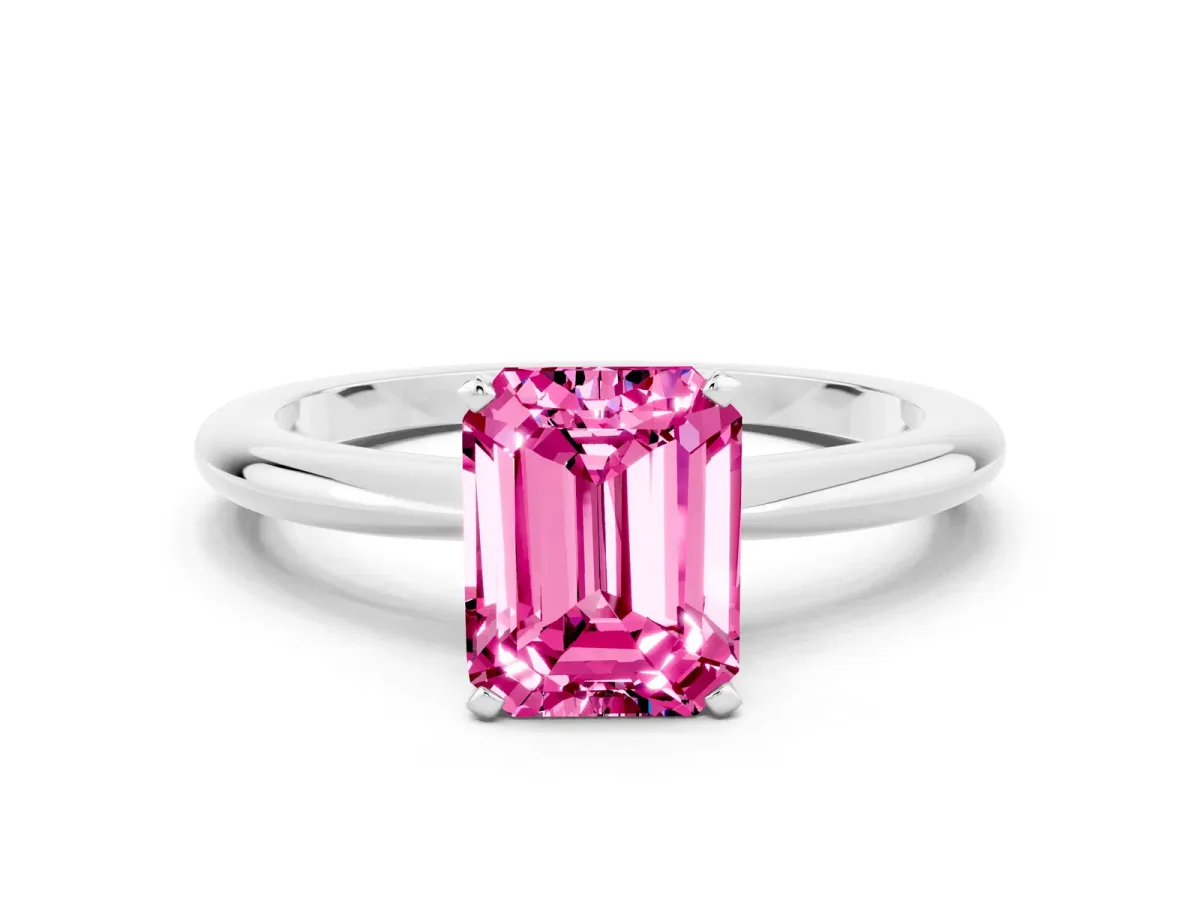 Emerald Cut Pink Sapphire Solitaire Ring with Six-Prong Setting and Classic Band Silver