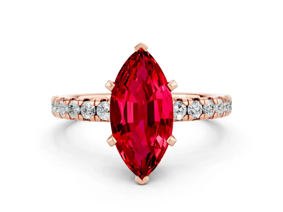 Marquise Cut Ruby Solitaire Pavé Engagement Ring with Round Band and Prong Setting Rose gold