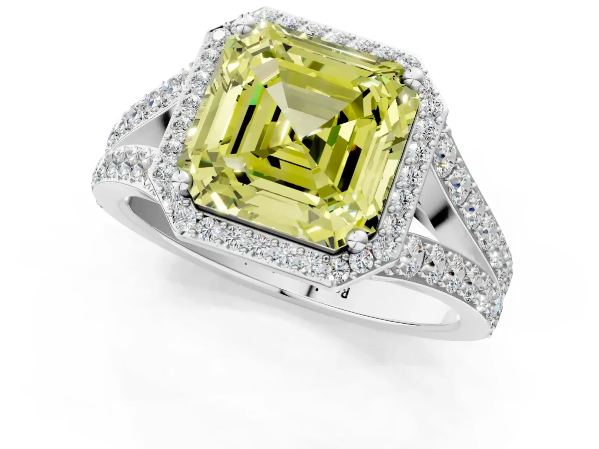 Fancy Yellow Asscher Cut Diamond Split Shank Halo Ring with Four-Prong Setting Platinum