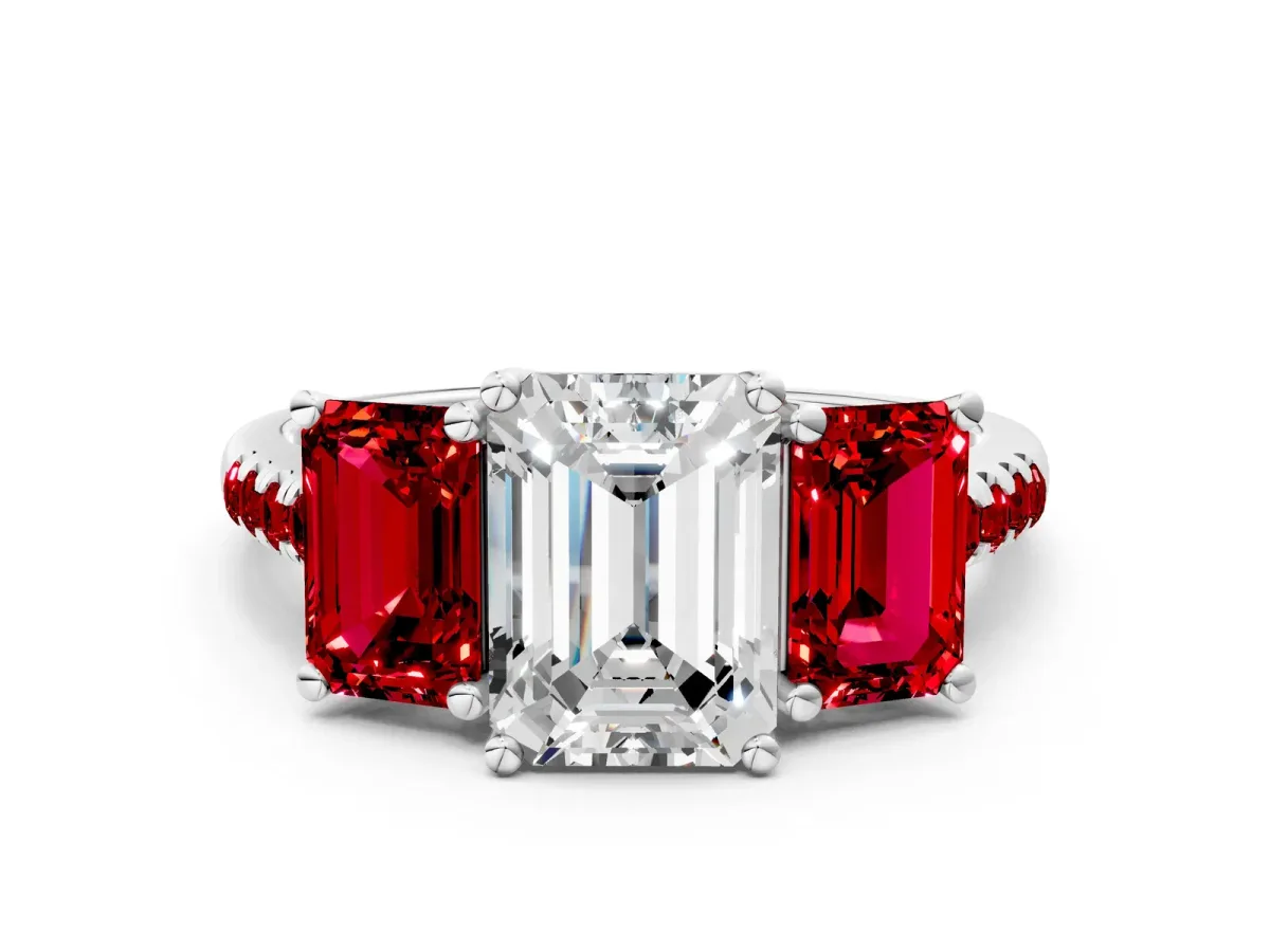 Three-Stone Emerald Cut Diamond Ring with Round Ruby Pavé Band and Prong Setting Platinum