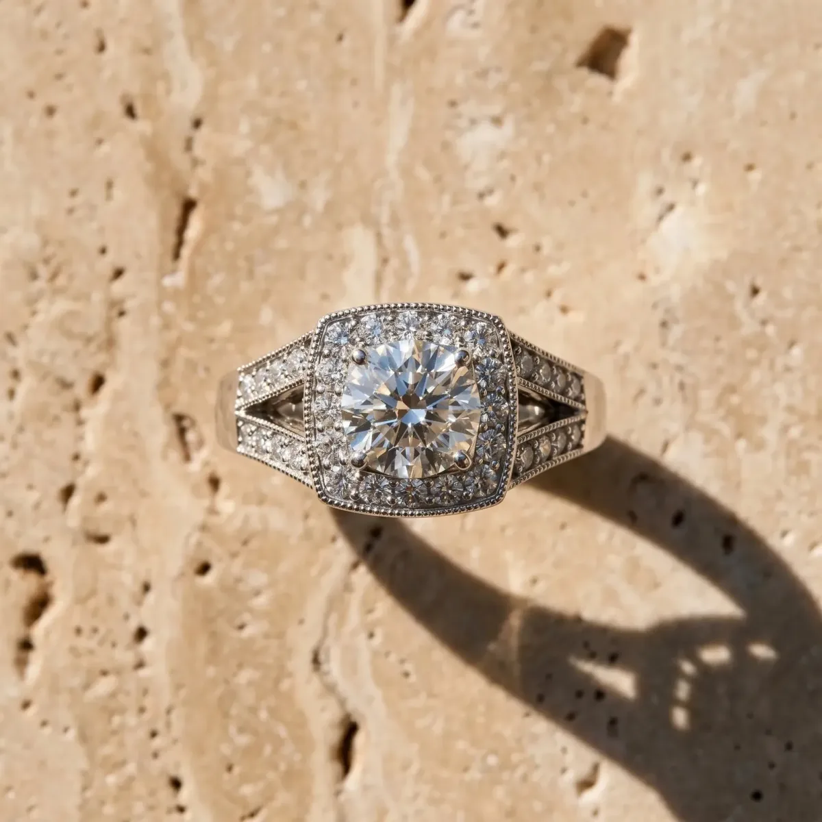 Round Cut Halo Split Shank Diamond Ring with Milgrain Prong Setting Platinum