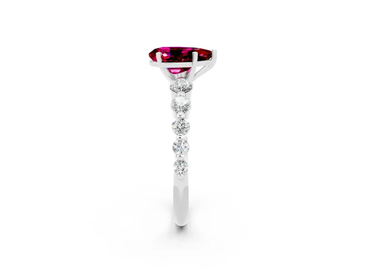 Pear Cut Solitaire Garnet Ring with Pave Band and Four-Prong Setting Platinum