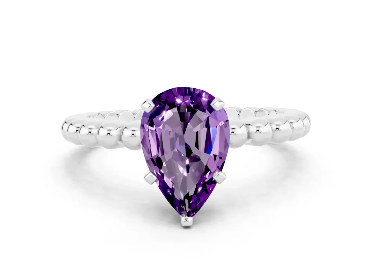 Pear Cut Amethyst Solitaire Ring with Beaded Band and Prong Setting White gold