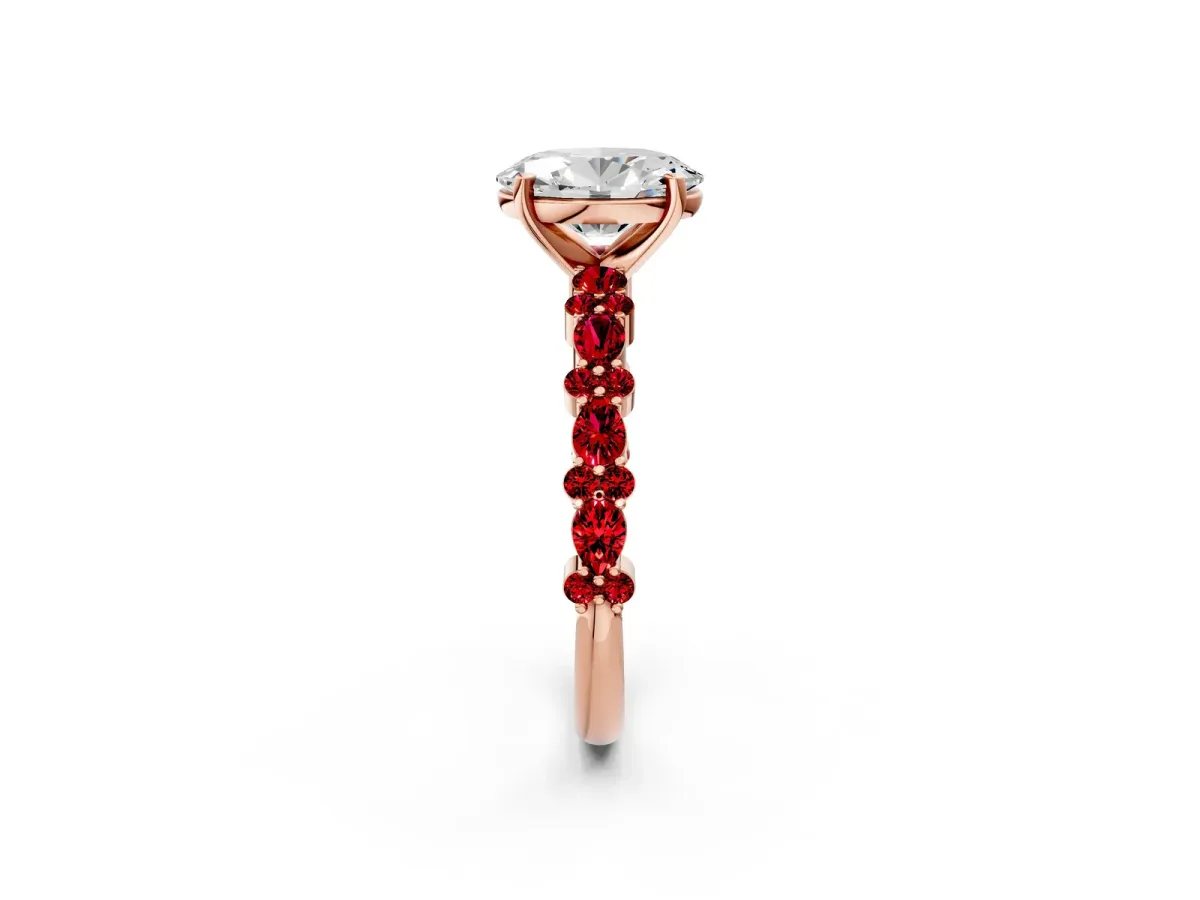 Oval Cut Diamond Side Stone Solitaire Ring with Round Ruby and Four-Prong Setting Rose gold
