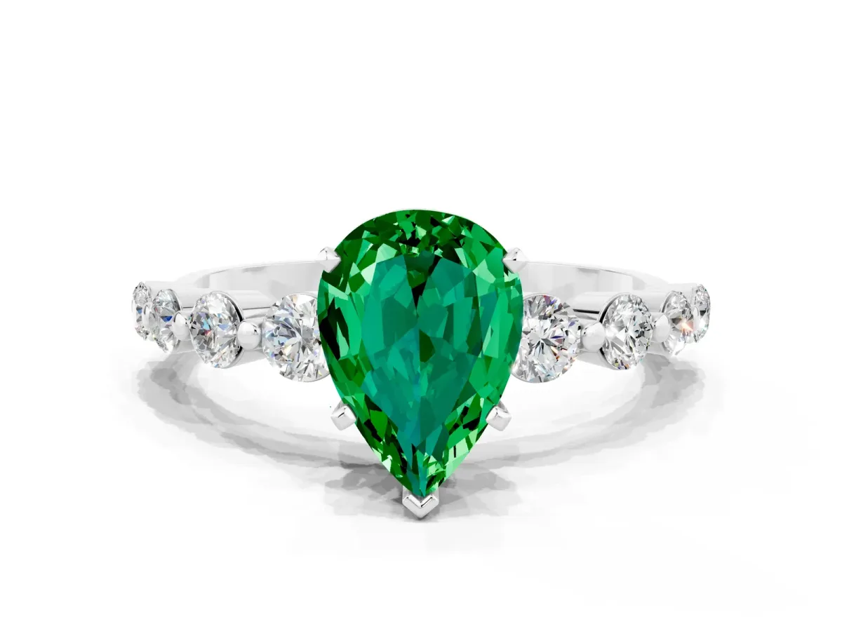 Pear Cut Solitaire Emerald Ring with Pave Band and Four-Prong Setting Platinum