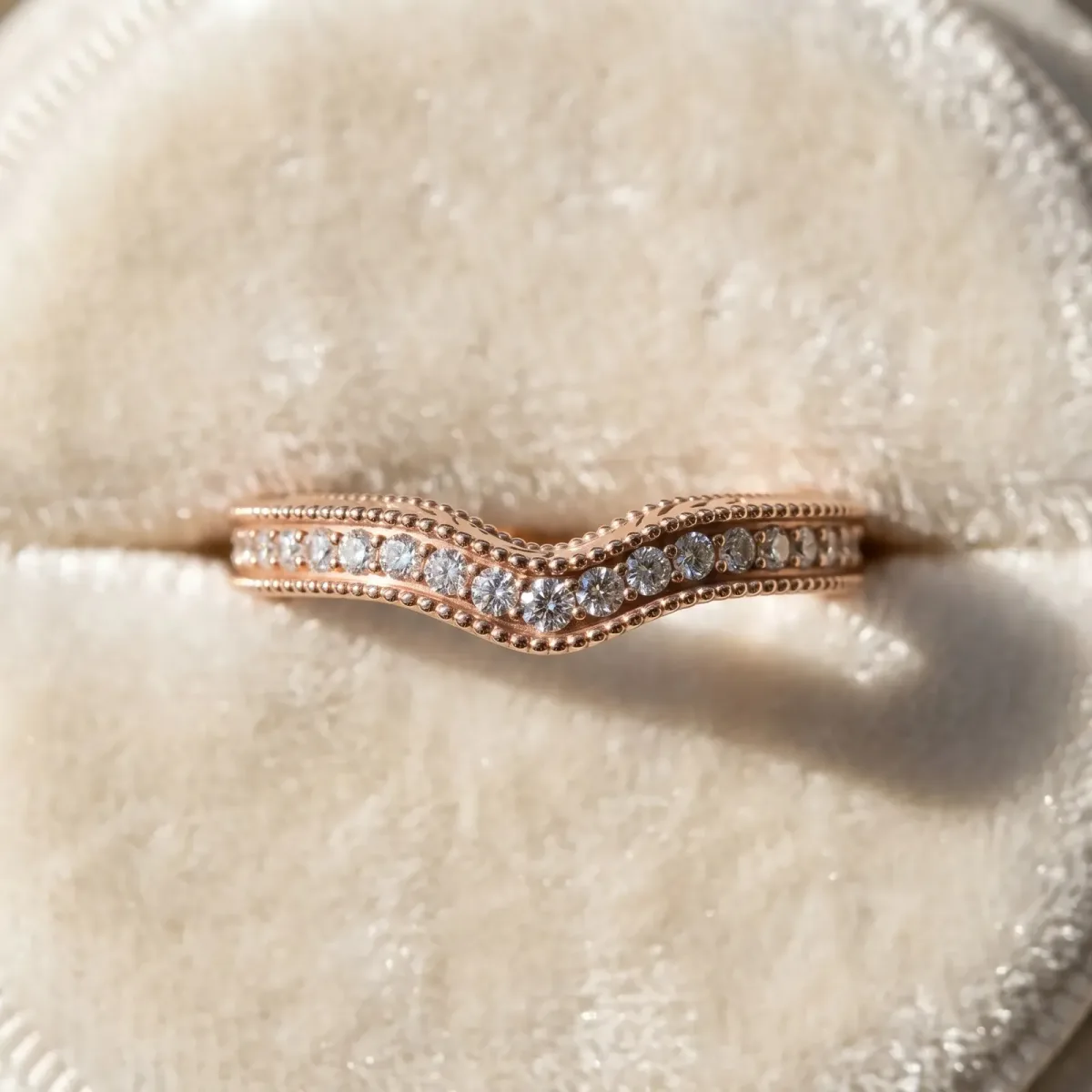 Pave Round Diamond Curved Milgrain Band Rose gold