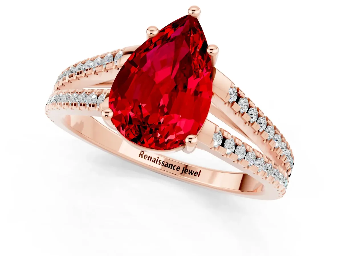 Pear Cut Ruby Solitaire Engagement Ring with Split Shank Pavé Band Rose gold