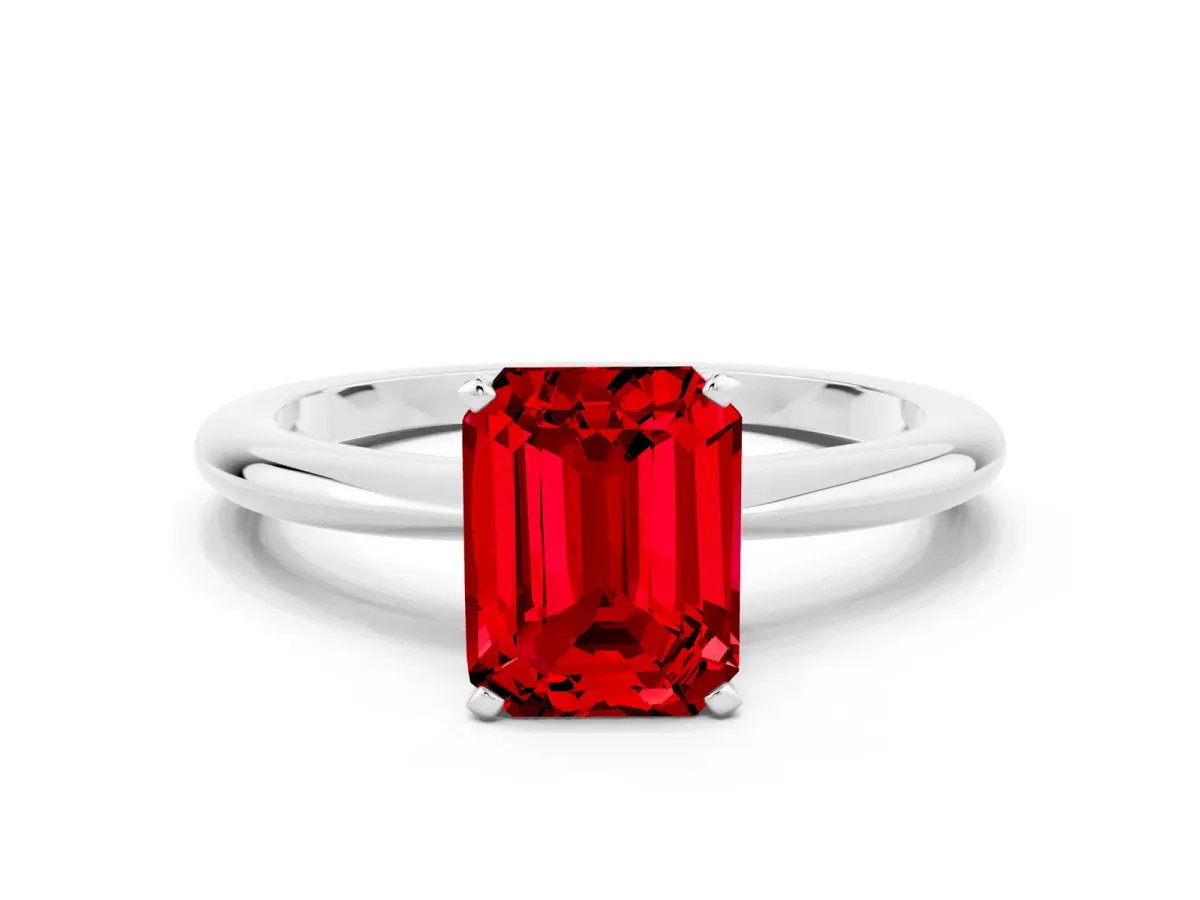 Emerald Cut Ruby Solitaire Ring with Six-Prong Setting and Classic Band Silver