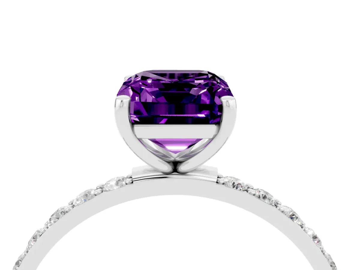Emerald Cut Amethyst Solitaire Ring with Round Pavé Band and Prong Setting Platinum