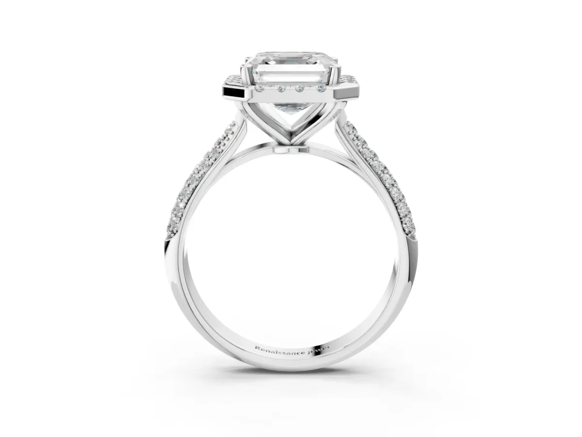 Asscher Cut Cut Halo Pave Band Four-Prong Setting Ring Platinum