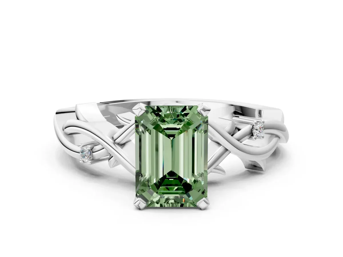 Fancy Green Emerald Cut Diamond Solitaire Ring with Twisted Band and Prong Setting Silver