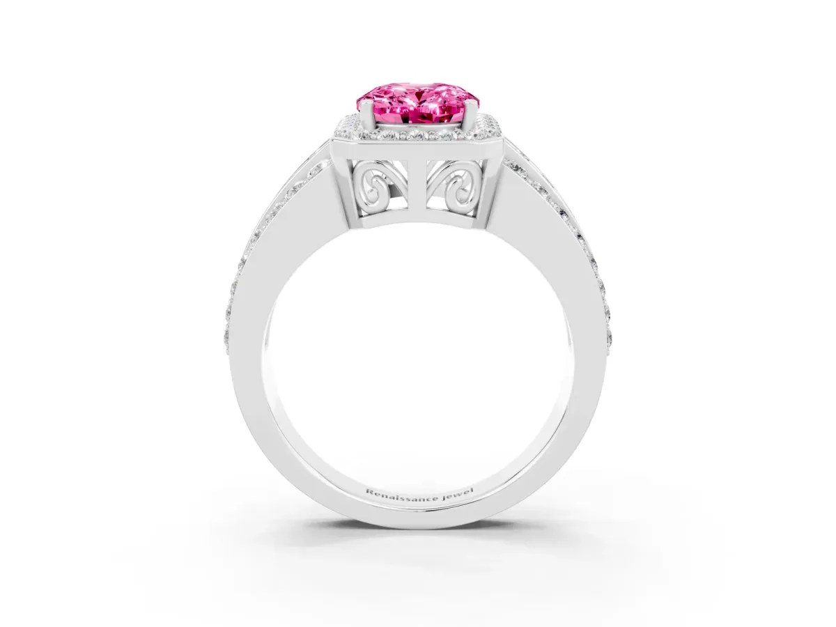 Oval Cut Halo Pink Sapphire Ring with Round Split Shank and Prong Setting Platinum