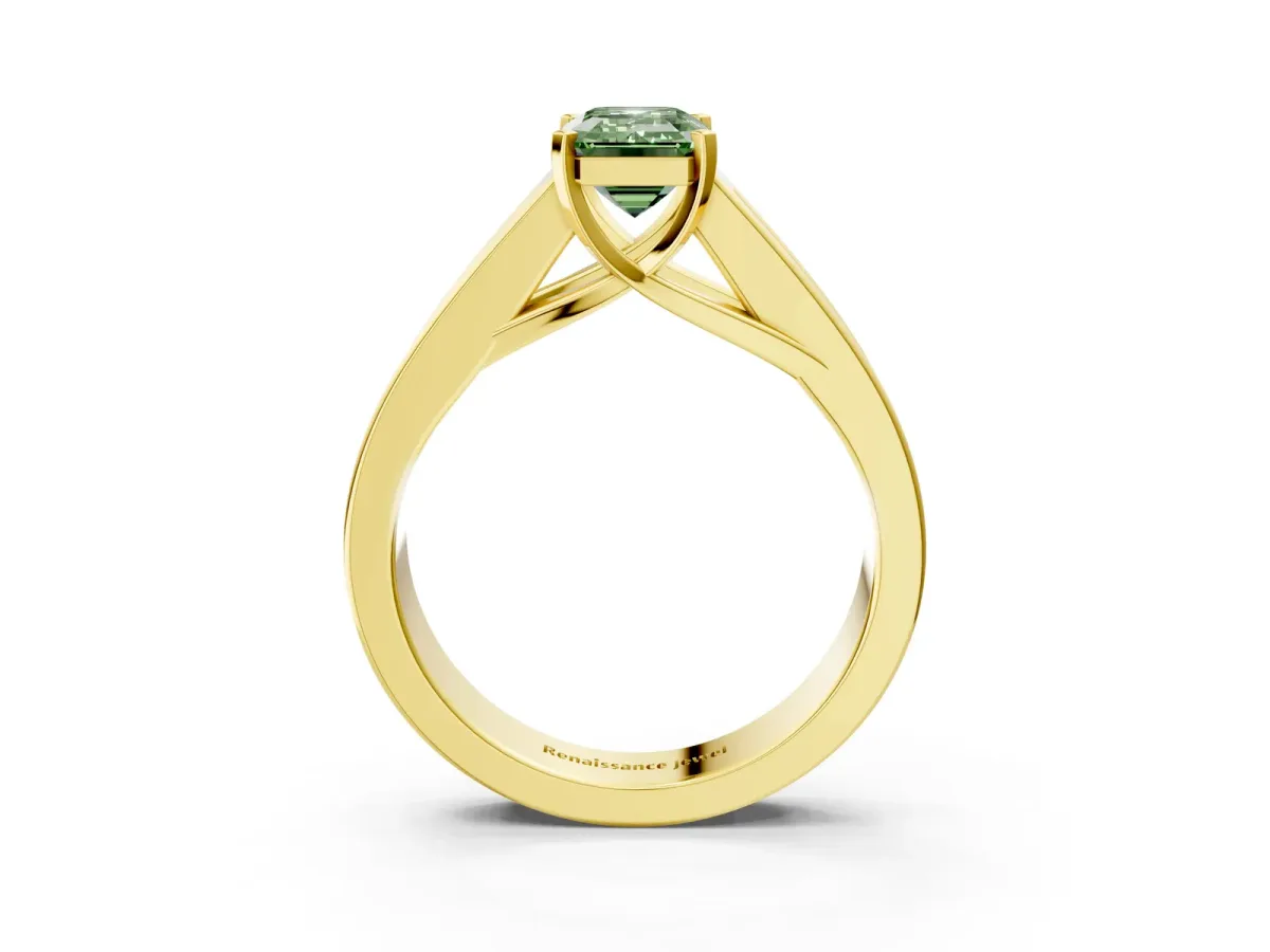 Fancy Green Emerald Cut Cut Channel Set Solitaire Ring with Four-Prong Setting Yellow gold