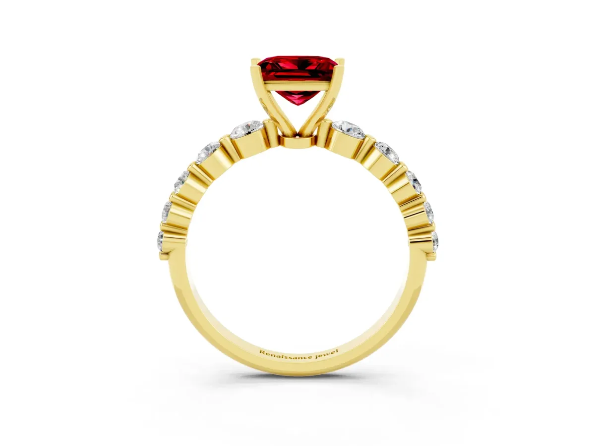 Princess Cut Solitaire Ruby Ring with Pave Band and Four-Prong Setting Yellow gold