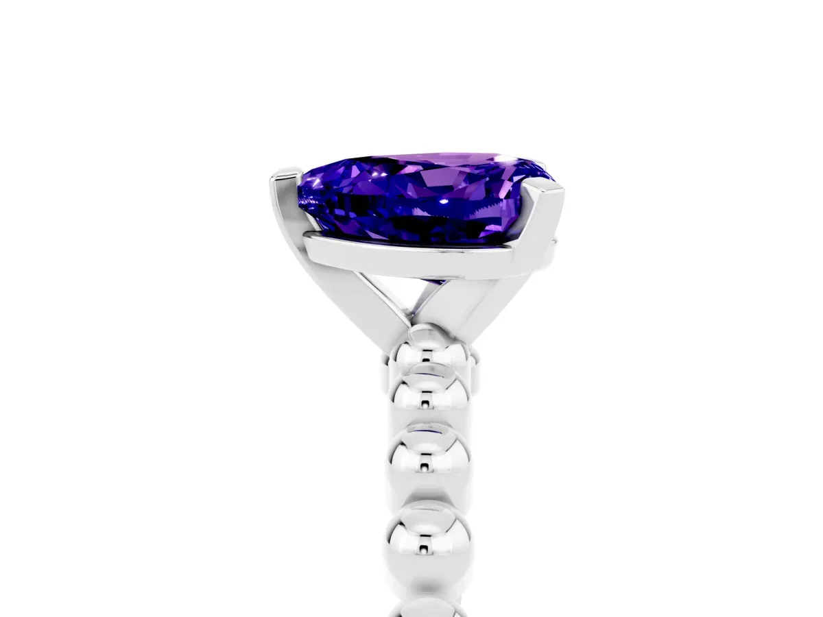 Heart Cut Tanzanite Solitaire Ring with Beaded Band and Prong Setting Platinum