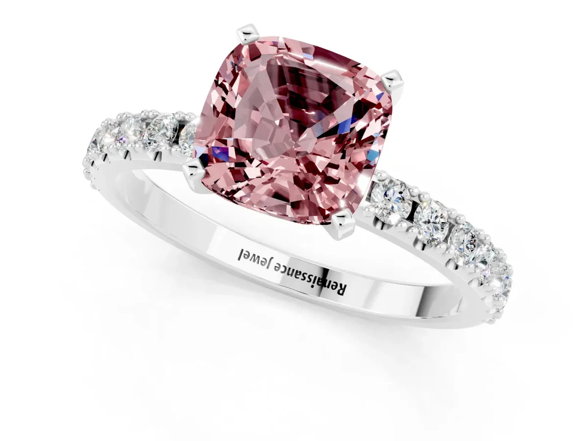 Cushion Cut Morganite Solitaire Pavé Band with Four-Prong Setting Silver
