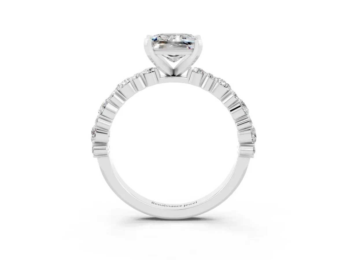 Princess Cut Moissanite Side Stone Solitaire Ring with Round and Four-Prong Setting Silver