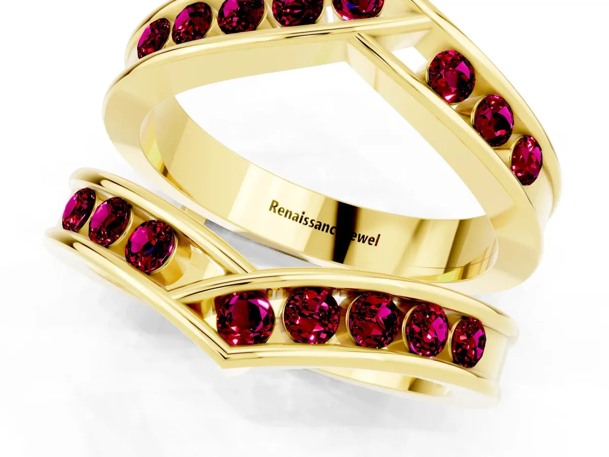 Round Garnet Channel-Set Chevron Band Yellow gold