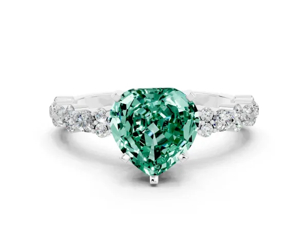 Heart Cut Green Sapphire Side Stone Solitaire Ring with Round and Four-Prong Setting Platinum
