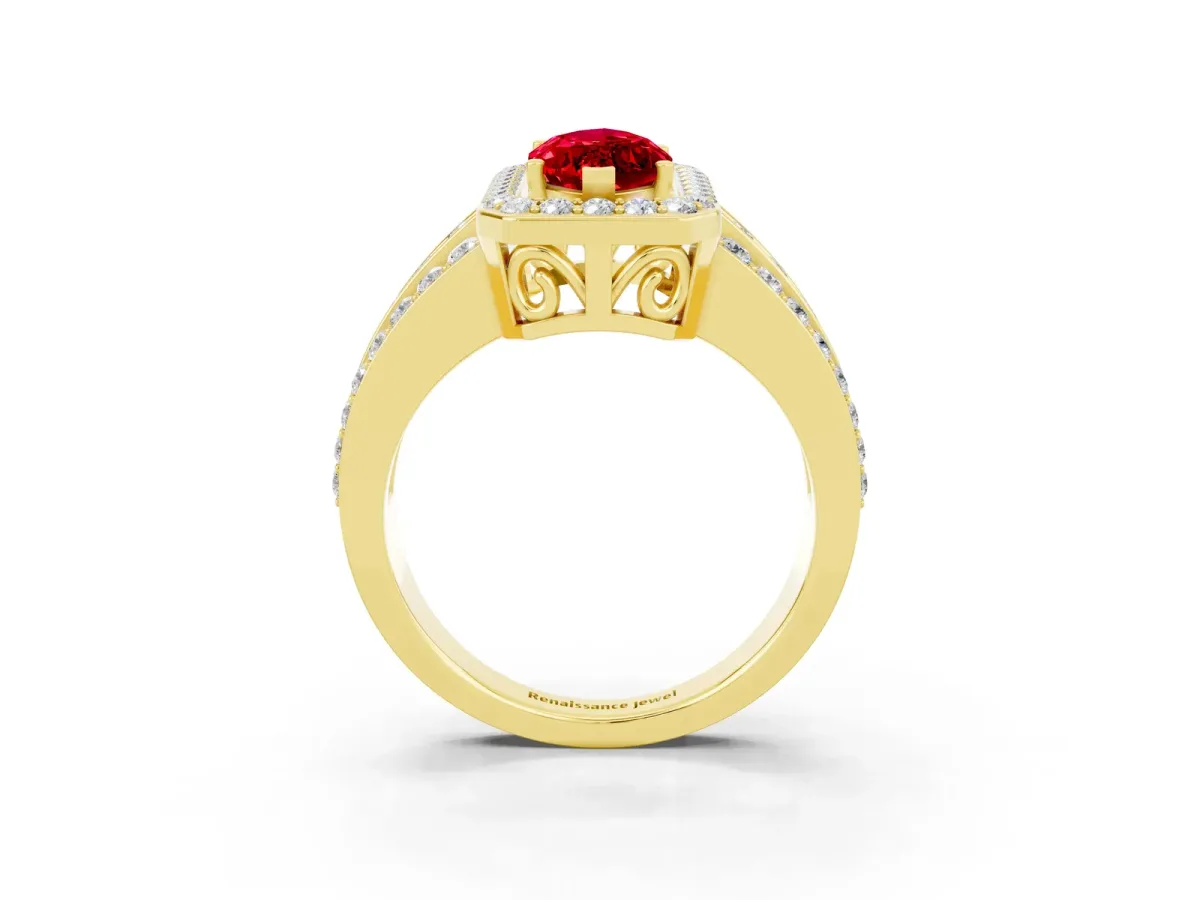 Marquise Cut Halo Ruby Ring with Round Split Shank and Prong Setting Yellow gold