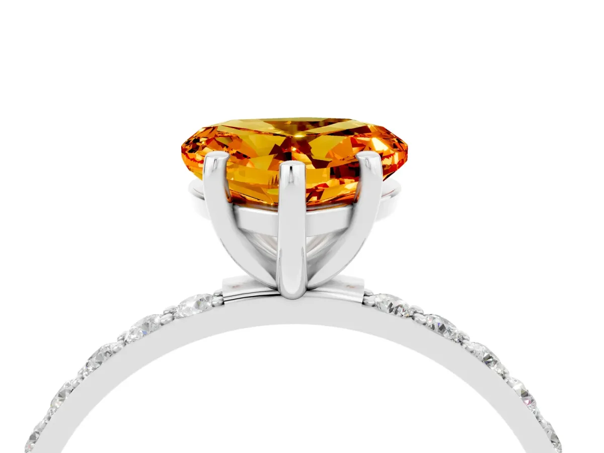 Heart Cut Citrine Solitaire Ring with Round Pavé Band and Prong Setting Silver