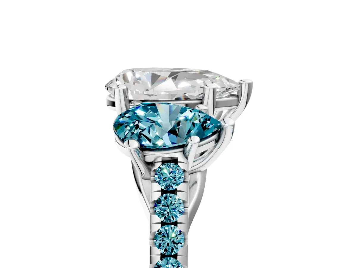 Three-Stone Pear Cut Diamond Ring with Round Blue Topaz Pavé Band and Prong Setting Silver