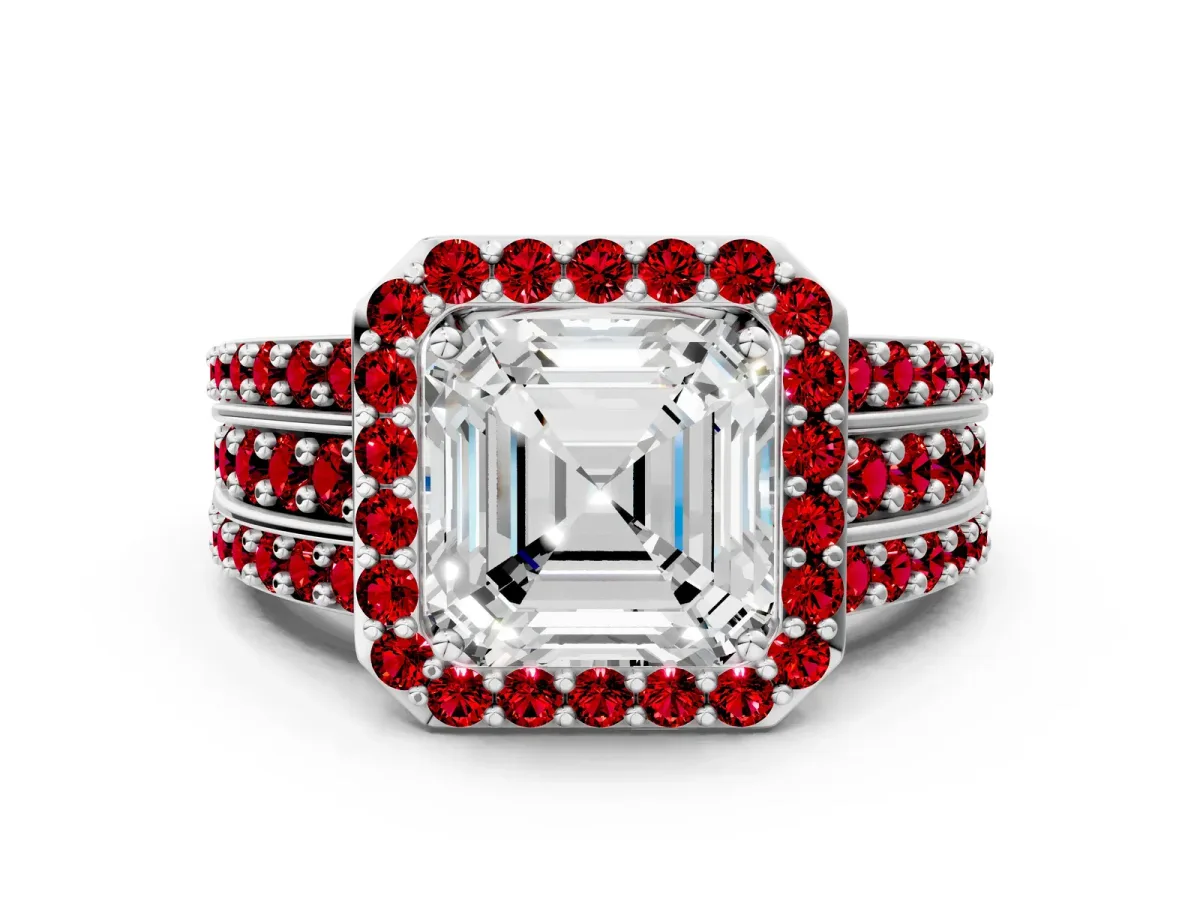 Asscher Cut Halo Diamond Ring with Round Ruby Split Shank and Prong Setting Platinum