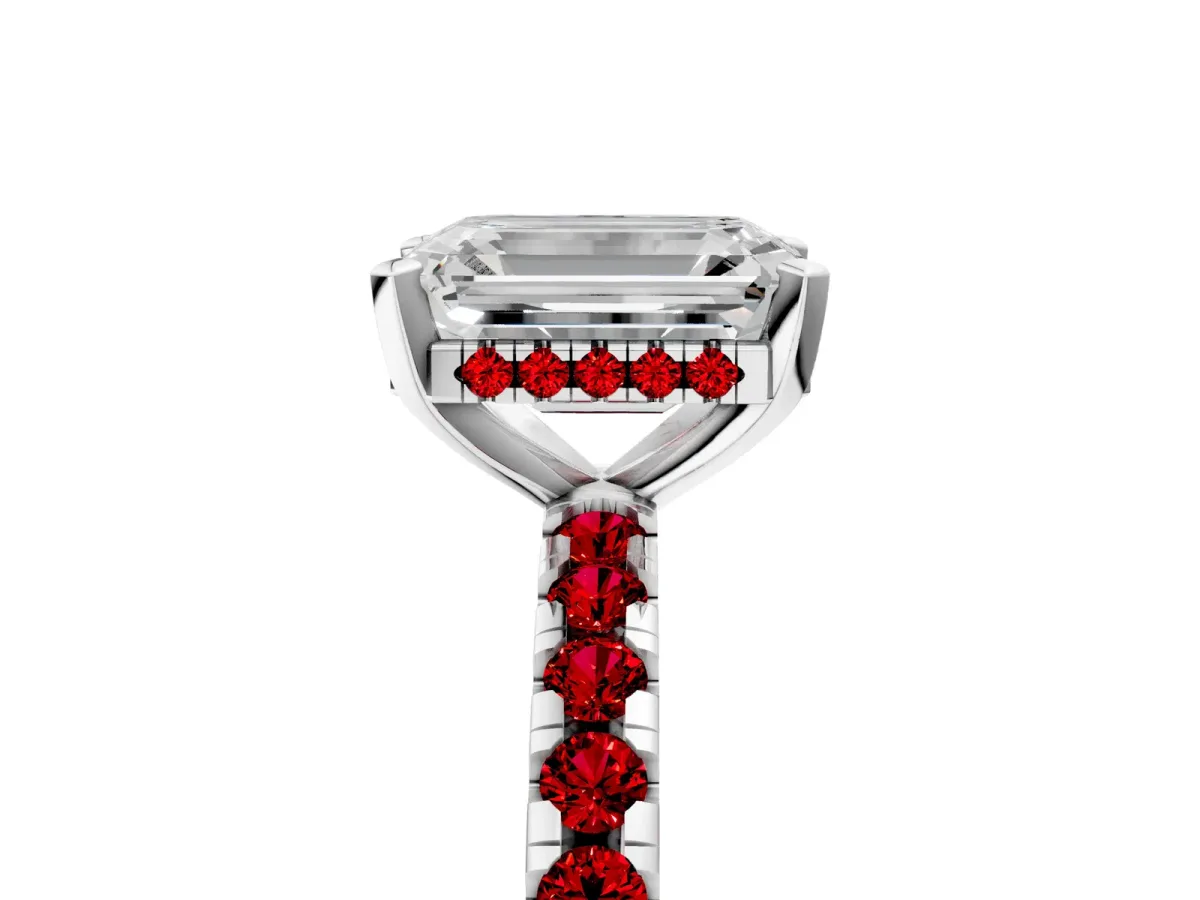 Emerald Cut Diamond Solitaire Ring with Round Ruby Pavé Band and Four-Prong Setting Platinum