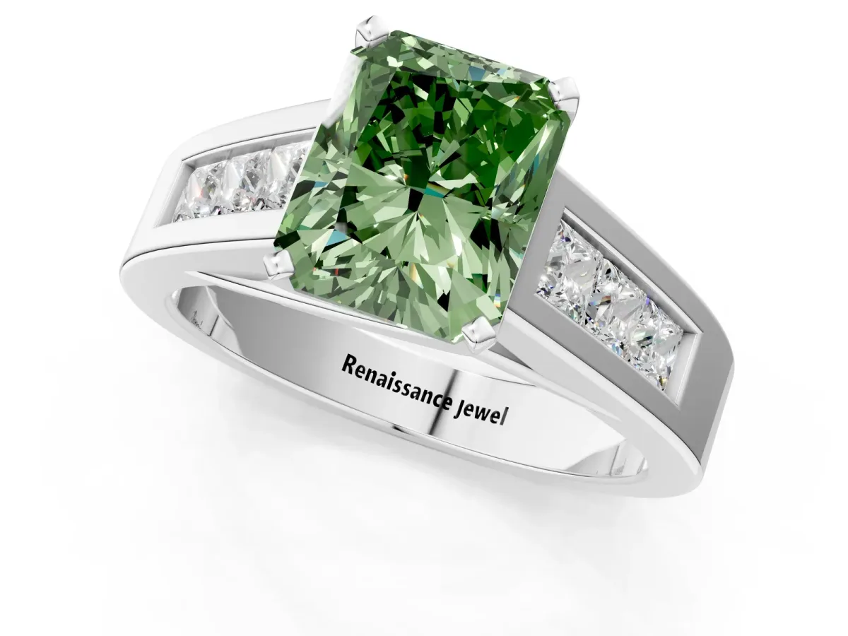 Fancy Green Radiant Cut Cut Channel Set Solitaire Ring with Four-Prong Setting Silver