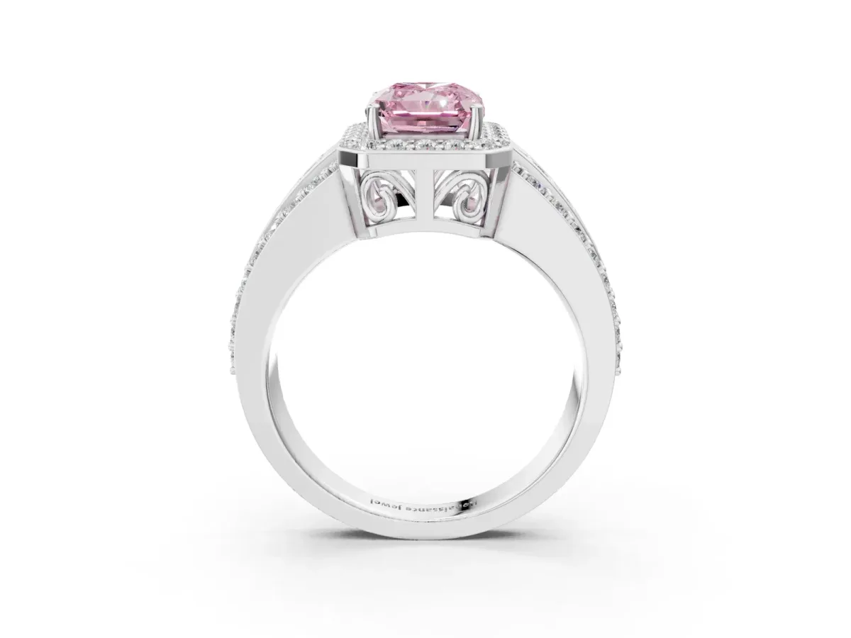 Fancy Pink Radiant Cut Halo Diamond Ring with Round Split Shank and Prong Setting Silver